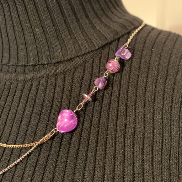 2x25$ 🐿 🍁 CREATION Asymmetric short necklace tile feather beads Purple fuchsia - Picture 2 of 4